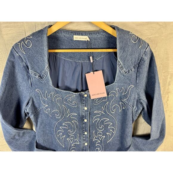 Avec Les Filles Western Embroidered Denim Minidress Size 14 Woman’s Cowgirl - Picture 7 of 11